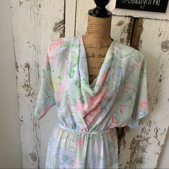 Vintage Pellini by Von Bramlett floral sheer blouson modest dress 80s USA made - Picture 2 of 14